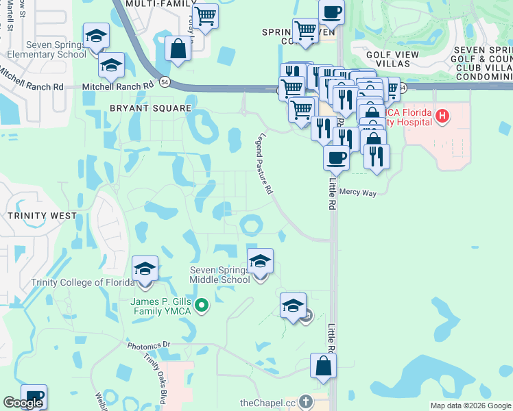 map of restaurants, bars, coffee shops, grocery stores, and more near Legend Pasture Road in Trinity