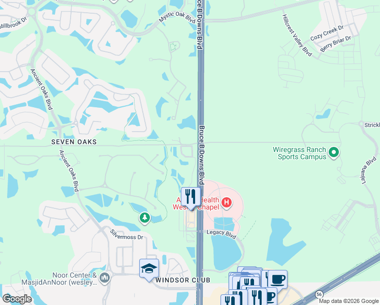 map of restaurants, bars, coffee shops, grocery stores, and more near 2957 Willowleaf Lane in Wesley Chapel
