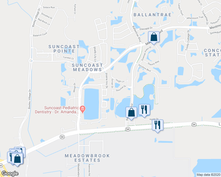 map of restaurants, bars, coffee shops, grocery stores, and more near 2849 Girvan Drive in Land O' Lakes