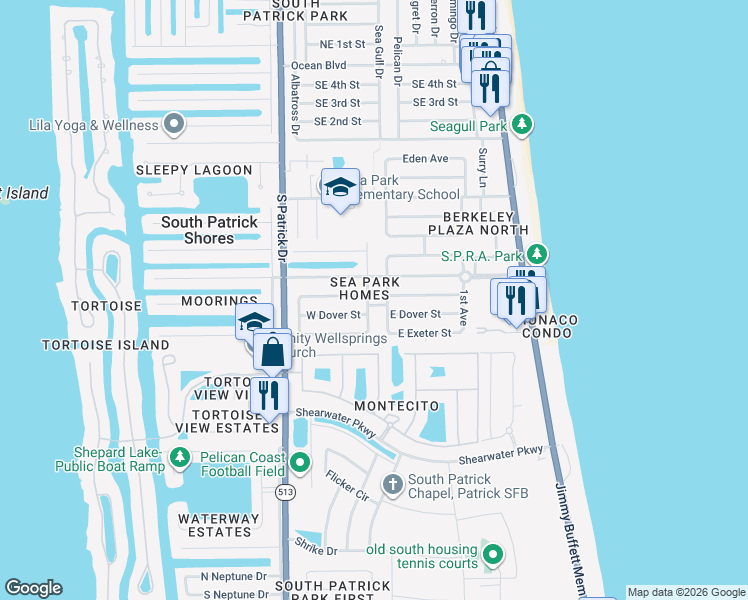 map of restaurants, bars, coffee shops, grocery stores, and more near 203 Dover Street in Satellite Beach