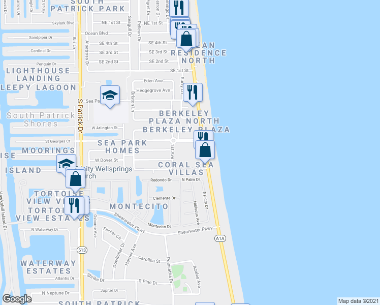 map of restaurants, bars, coffee shops, grocery stores, and more near 50 Berkeley Street in Satellite Beach