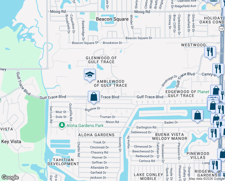 map of restaurants, bars, coffee shops, grocery stores, and more near 2814 Amberly Court in Holiday