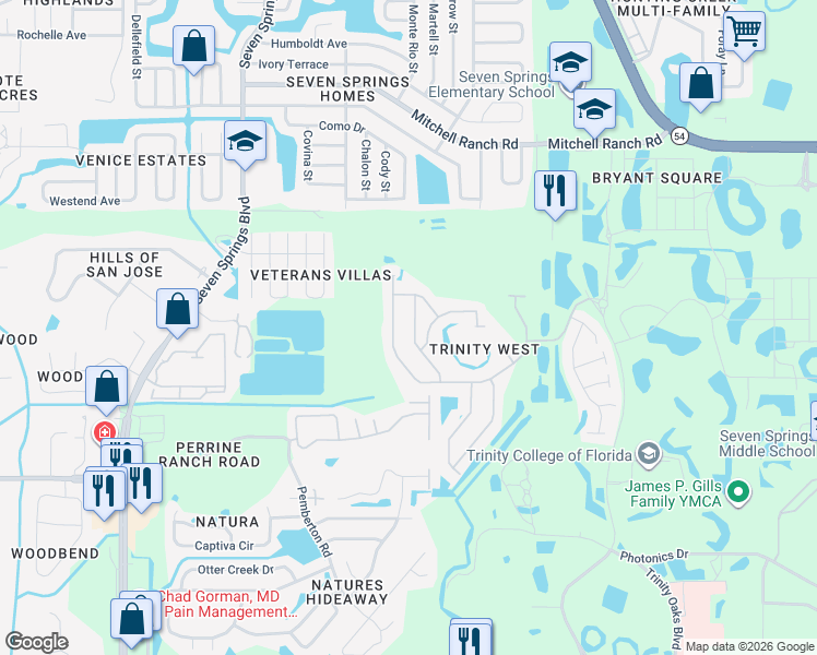 map of restaurants, bars, coffee shops, grocery stores, and more near 2818 Manning Drive in Trinity