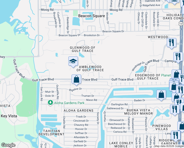 map of restaurants, bars, coffee shops, grocery stores, and more near 2814 Amberly Court in Holiday