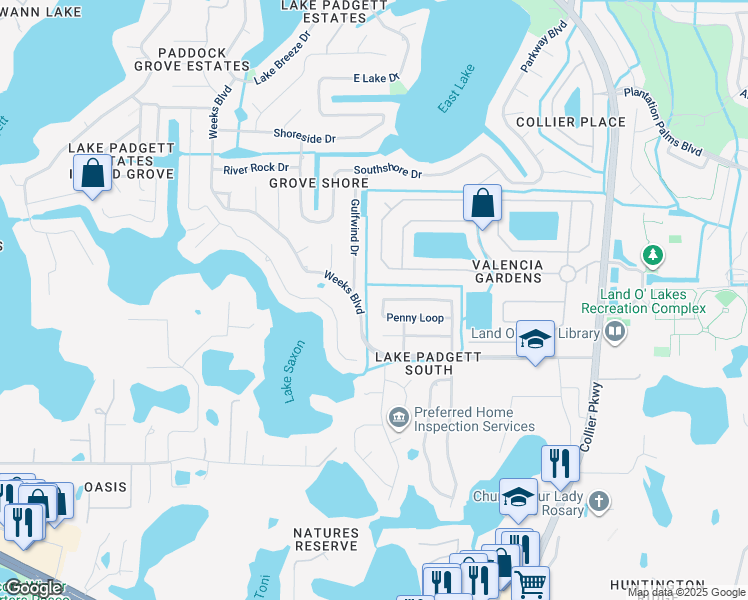 map of restaurants, bars, coffee shops, grocery stores, and more near 2946 Gulfwind Drive in Land O' Lakes