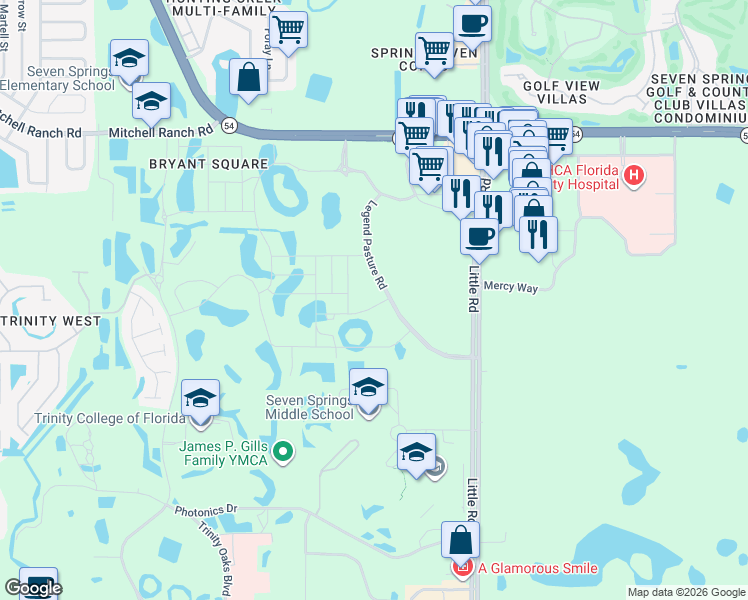 map of restaurants, bars, coffee shops, grocery stores, and more near Legend Pasture Road in Trinity