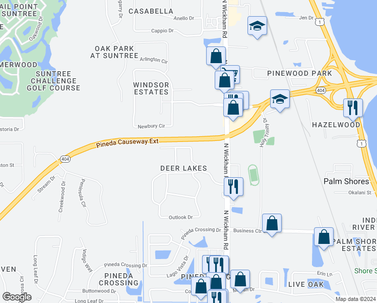 map of restaurants, bars, coffee shops, grocery stores, and more near 3391 Deer Lakes Drive in Melbourne