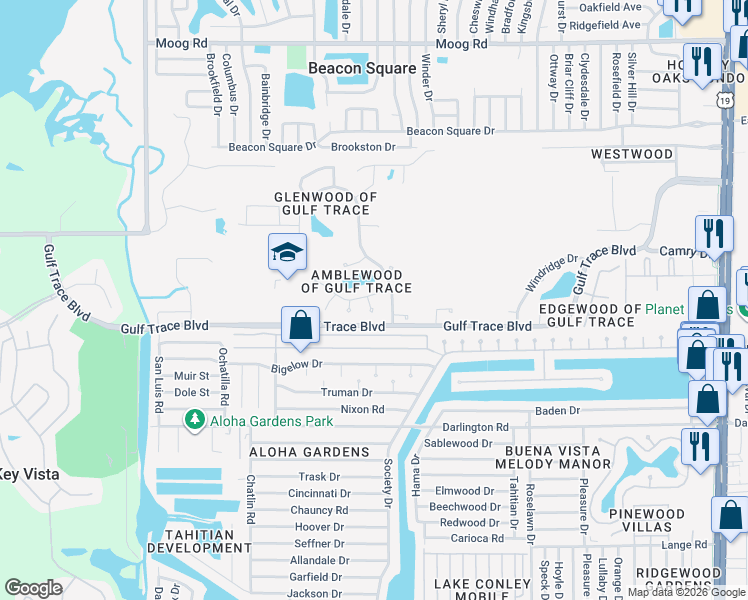 map of restaurants, bars, coffee shops, grocery stores, and more near 2814 Amberly Court in Holiday