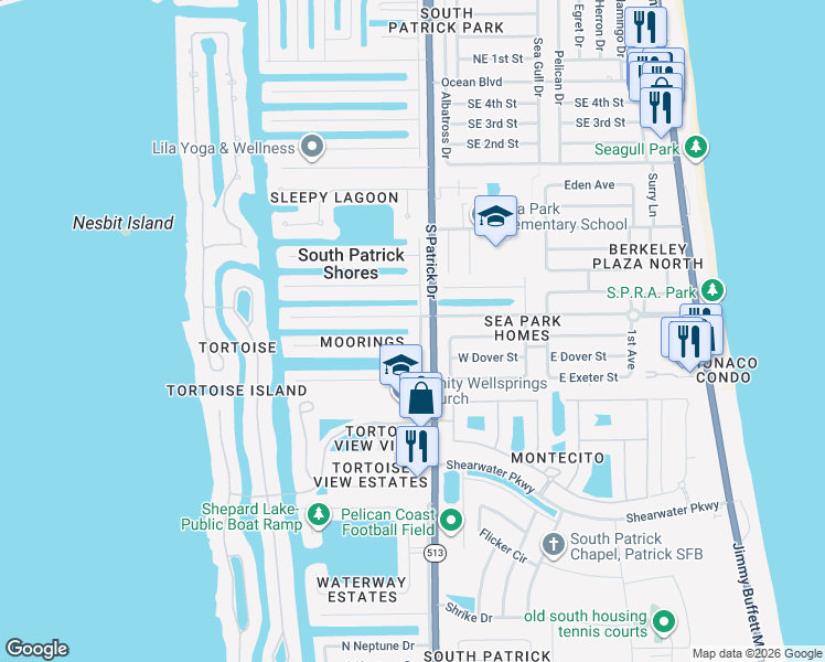 map of restaurants, bars, coffee shops, grocery stores, and more near 510 Jolly Roger Drive in Satellite Beach