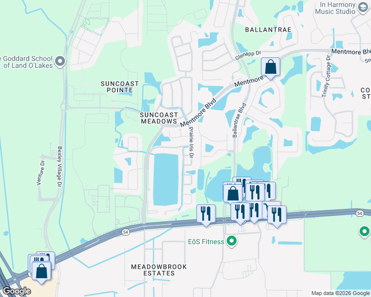 map of restaurants, bars, coffee shops, grocery stores, and more near 17344 Blooming Fields Drive in Land O' Lakes