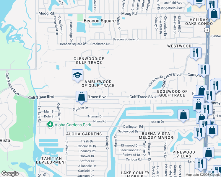 map of restaurants, bars, coffee shops, grocery stores, and more near 2814 Summervale Drive in Holiday