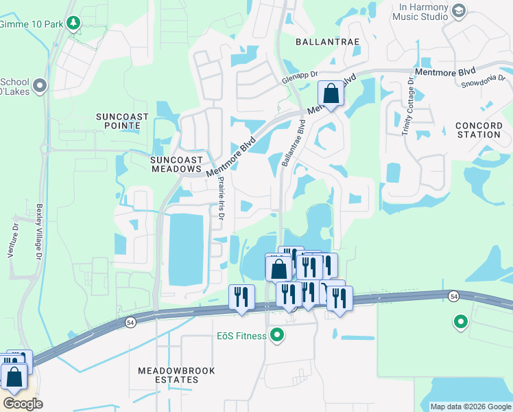 map of restaurants, bars, coffee shops, grocery stores, and more near 17539 Stinchar Drive in Land O' Lakes