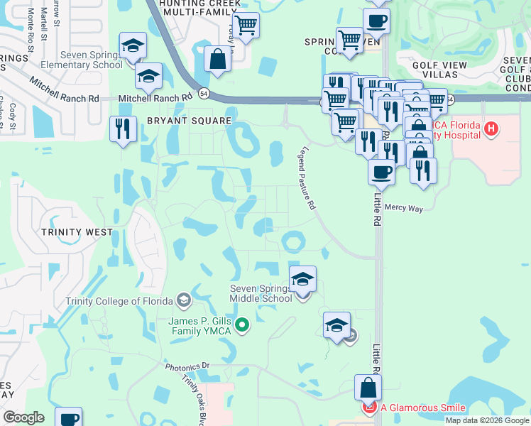 map of restaurants, bars, coffee shops, grocery stores, and more near Yellow Hammer Way in Pasco County