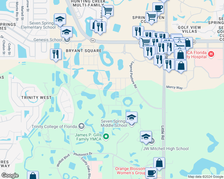 map of restaurants, bars, coffee shops, grocery stores, and more near Campus Woods Way in Pasco County
