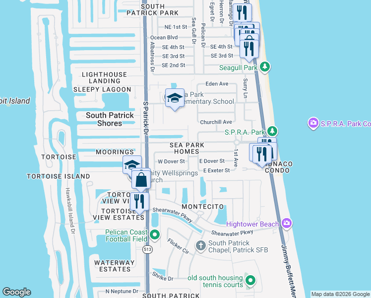 map of restaurants, bars, coffee shops, grocery stores, and more near 301 West Claridge Street in Satellite Beach
