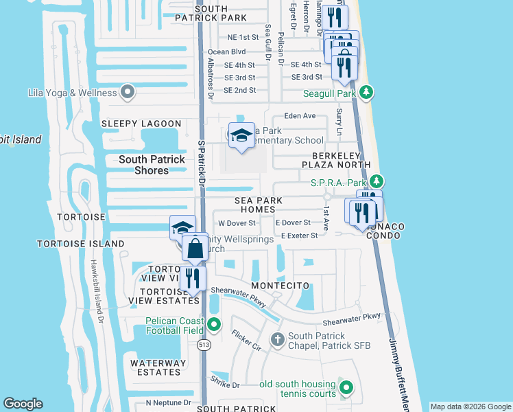 map of restaurants, bars, coffee shops, grocery stores, and more near 301 West Claridge Street in Satellite Beach