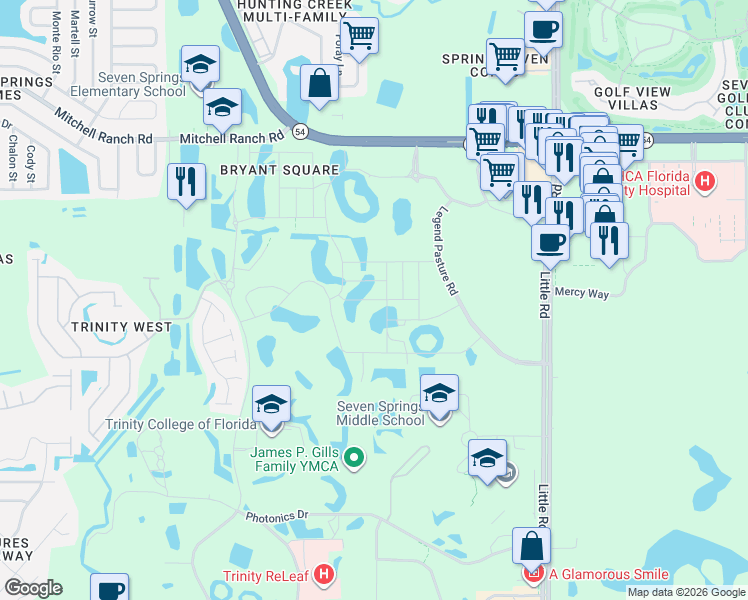 map of restaurants, bars, coffee shops, grocery stores, and more near Campus Woods Way in Pasco County
