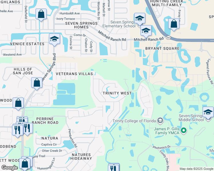 map of restaurants, bars, coffee shops, grocery stores, and more near 7814 Lachlan Drive in Trinity