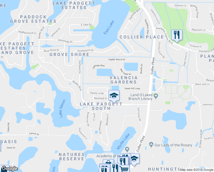 map of restaurants, bars, coffee shops, grocery stores, and more near 2938 Martha Lane in Land O' Lakes