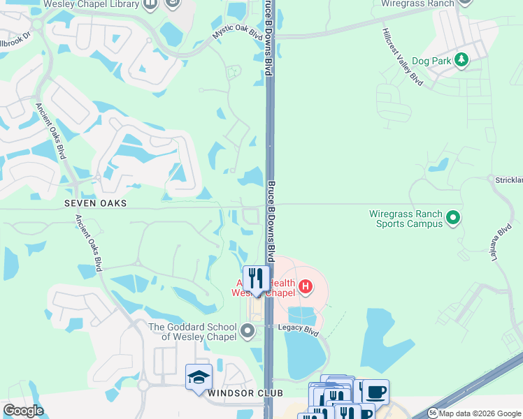 map of restaurants, bars, coffee shops, grocery stores, and more near 2957 Willowleaf Lane in Wesley Chapel