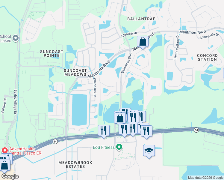 map of restaurants, bars, coffee shops, grocery stores, and more near 17539 Stinchar Drive in Land O' Lakes