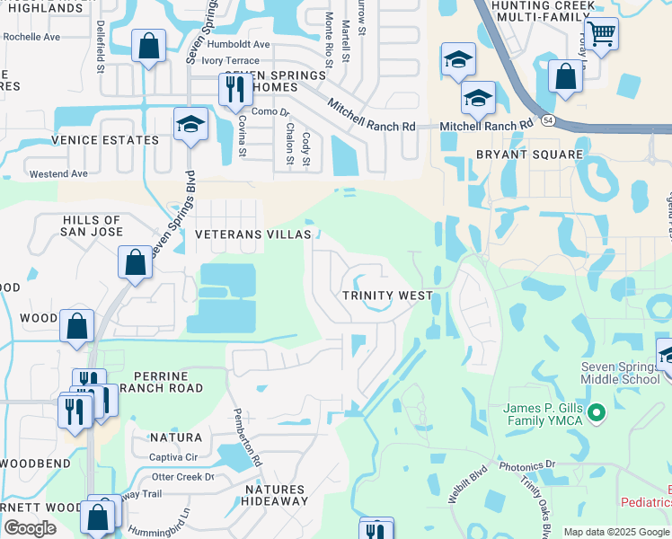 map of restaurants, bars, coffee shops, grocery stores, and more near 2818 Manning Drive in New Port Richey