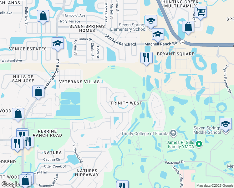 map of restaurants, bars, coffee shops, grocery stores, and more near 7814 Lachlan Dr in Trinity