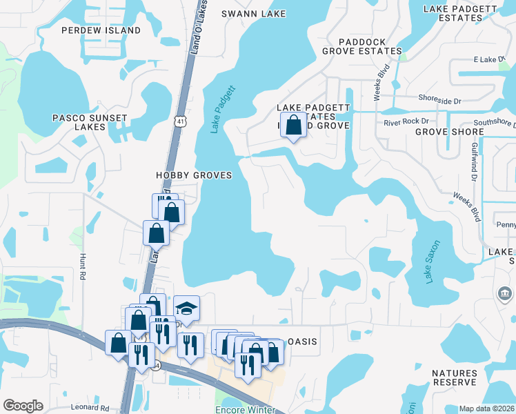 map of restaurants, bars, coffee shops, grocery stores, and more near 2927 Rain Forest Place in Land O' Lakes