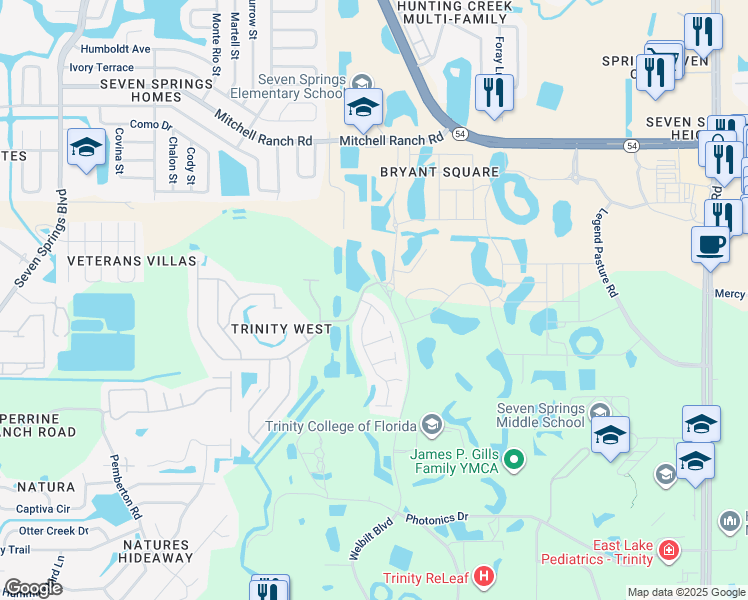 map of restaurants, bars, coffee shops, grocery stores, and more near 2820 Flagler Court in Trinity