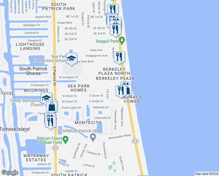 map of restaurants, bars, coffee shops, grocery stores, and more near 611 1st Avenue in Satellite Beach