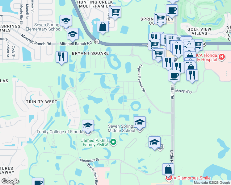 map of restaurants, bars, coffee shops, grocery stores, and more near 8489 Campus Woods Way in New Port Richey