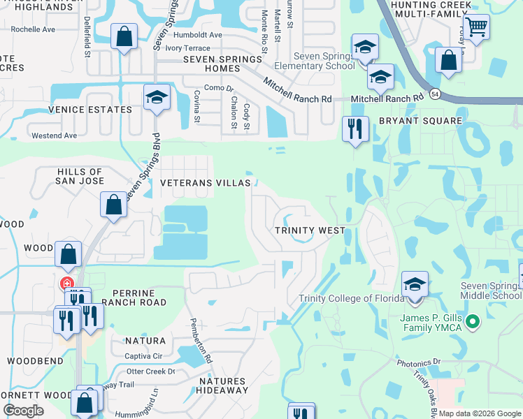 map of restaurants, bars, coffee shops, grocery stores, and more near 2818 Manning Drive in Trinity