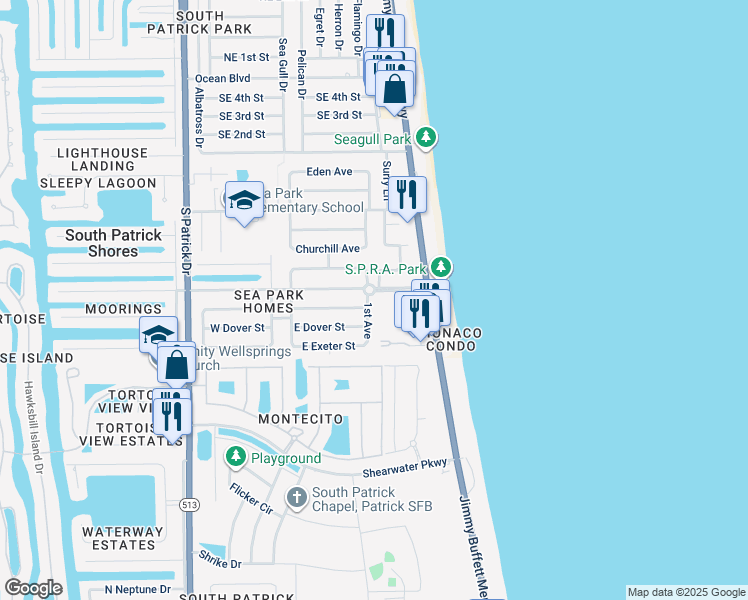 map of restaurants, bars, coffee shops, grocery stores, and more near 611 1st Avenue in Satellite Beach