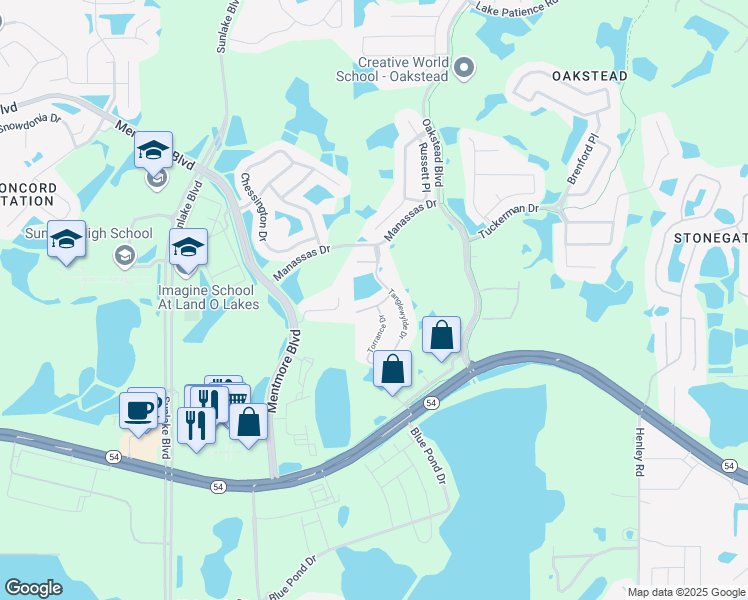 map of restaurants, bars, coffee shops, grocery stores, and more near 19309 Gophertrail Place in Land O' Lakes