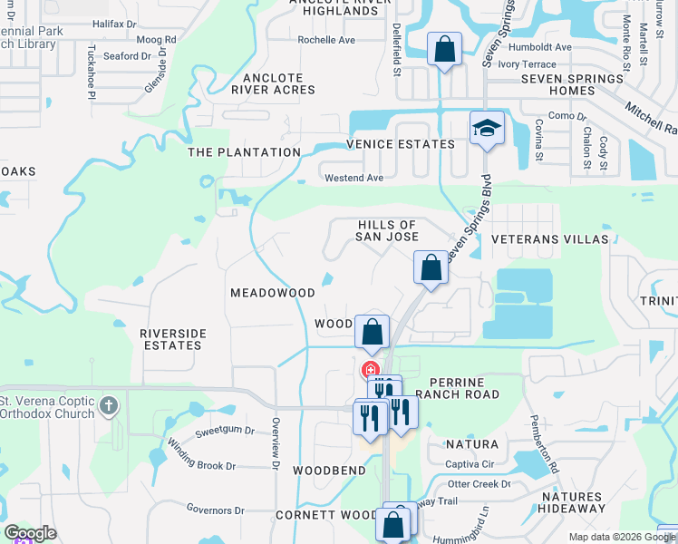 map of restaurants, bars, coffee shops, grocery stores, and more near 6827 San Jose Loop in New Port Richey