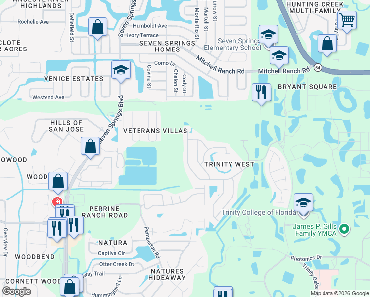 map of restaurants, bars, coffee shops, grocery stores, and more near 2328 Brinley Drive in Trinity