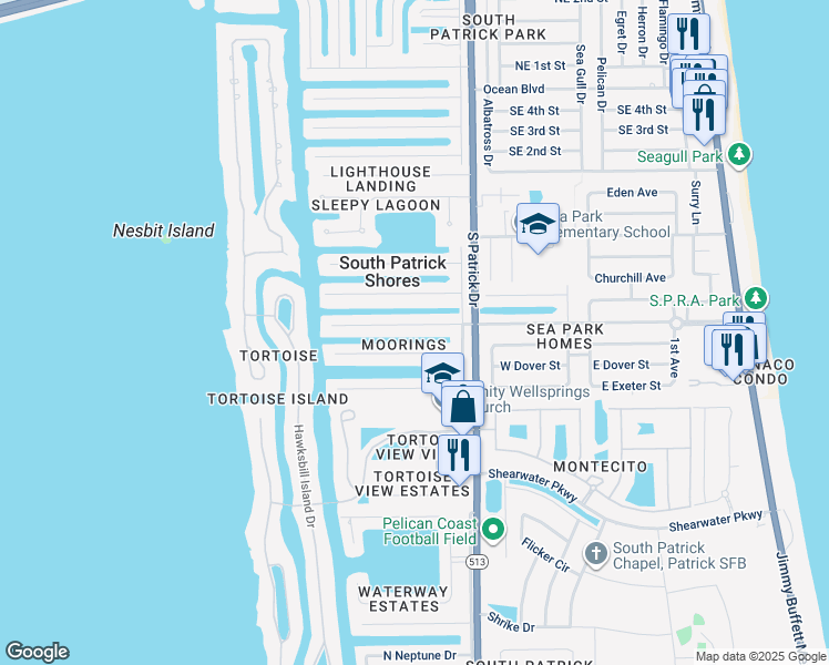 map of restaurants, bars, coffee shops, grocery stores, and more near 424 Saint Georges Court in Satellite Beach