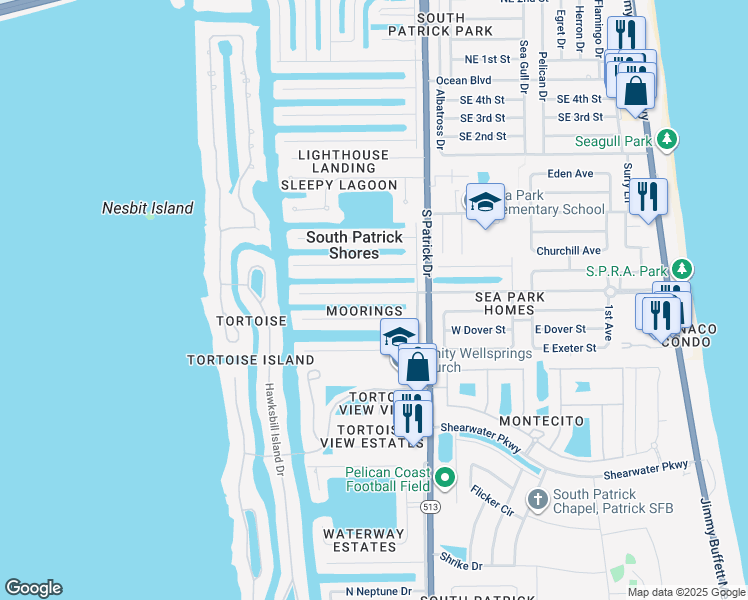map of restaurants, bars, coffee shops, grocery stores, and more near 424 Saint Georges Court in Satellite Beach
