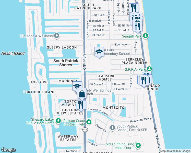map of restaurants, bars, coffee shops, grocery stores, and more near 333 West Claridge Street in Satellite Beach