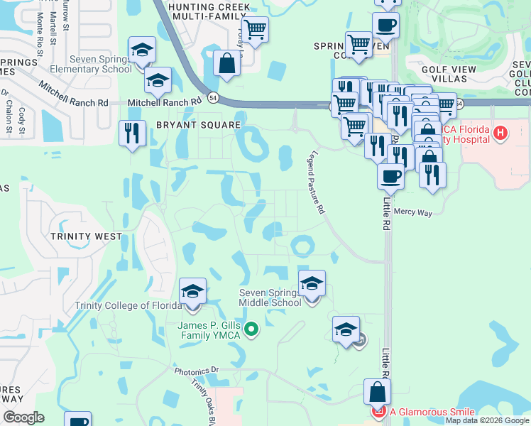 map of restaurants, bars, coffee shops, grocery stores, and more near 8489 Campus Woods Way in New Port Richey