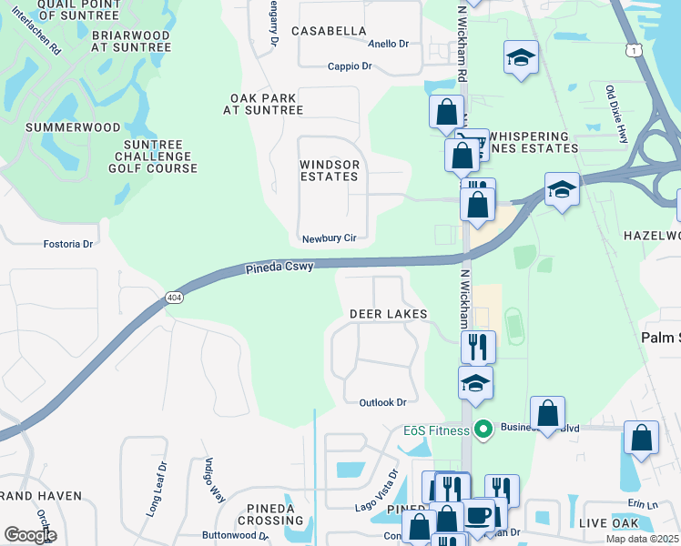 map of restaurants, bars, coffee shops, grocery stores, and more near 3600 Deer Lakes Drive in Melbourne