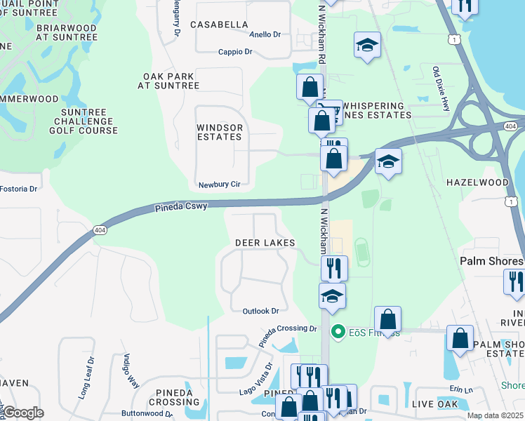 map of restaurants, bars, coffee shops, grocery stores, and more near 3470 Deer Lakes Drive in Melbourne