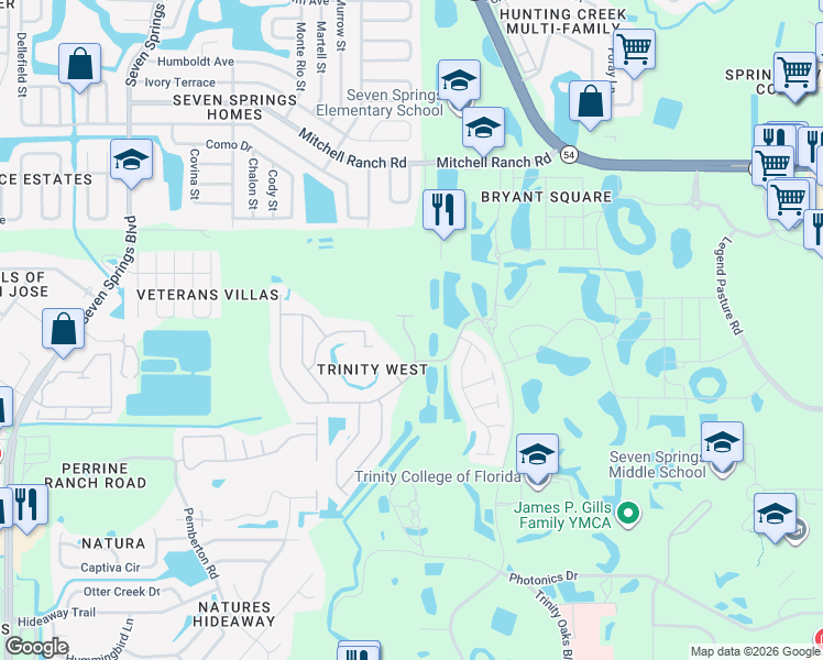 map of restaurants, bars, coffee shops, grocery stores, and more near 2832 Brinley Drive in Trinity