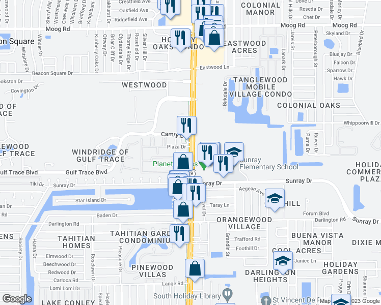 map of restaurants, bars, coffee shops, grocery stores, and more near 2857 Florida 55 in Holiday