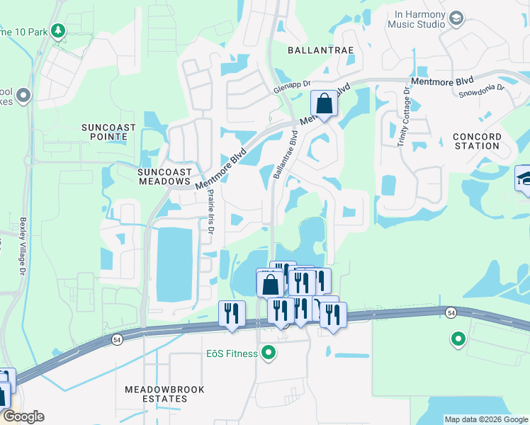 map of restaurants, bars, coffee shops, grocery stores, and more near 2924 Lochcarron Drive in Land O' Lakes