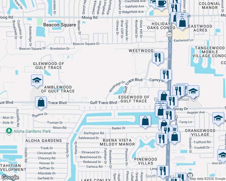 map of restaurants, bars, coffee shops, grocery stores, and more near 4017 Ashley Court in Holiday