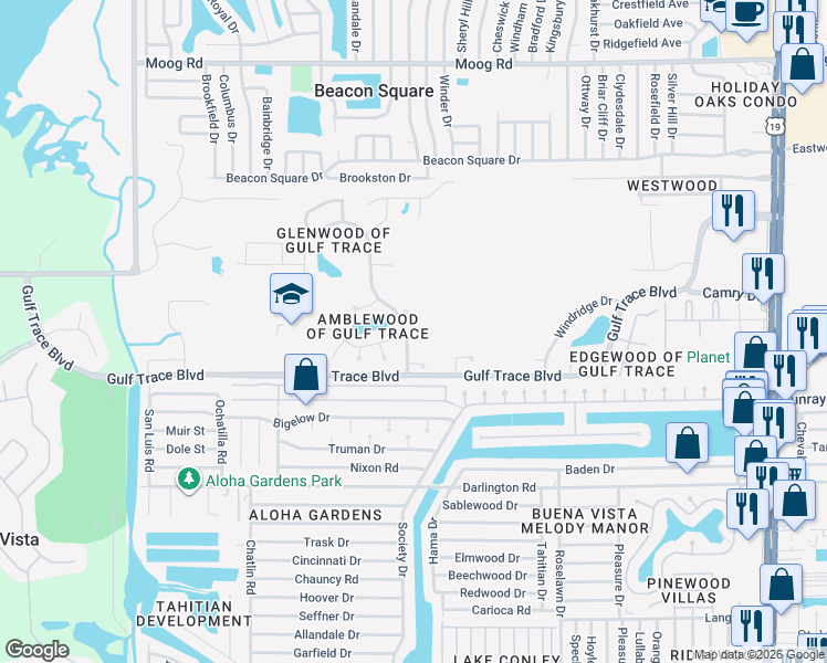 map of restaurants, bars, coffee shops, grocery stores, and more near 2824 Summervale Drive in Holiday