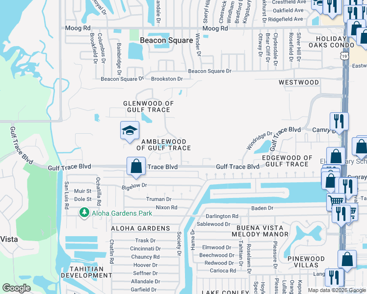 map of restaurants, bars, coffee shops, grocery stores, and more near 2814 Summervale Drive in Holiday