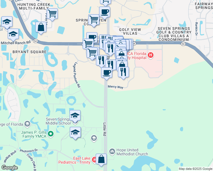 map of restaurants, bars, coffee shops, grocery stores, and more near 1402 Saffron Way in Trinity
