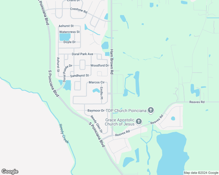 map of restaurants, bars, coffee shops, grocery stores, and more near 3200 Ham Brown Road in Kissimmee